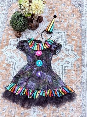 Girls' Black Halloween Clown Dress Costume with Multicolor Accents